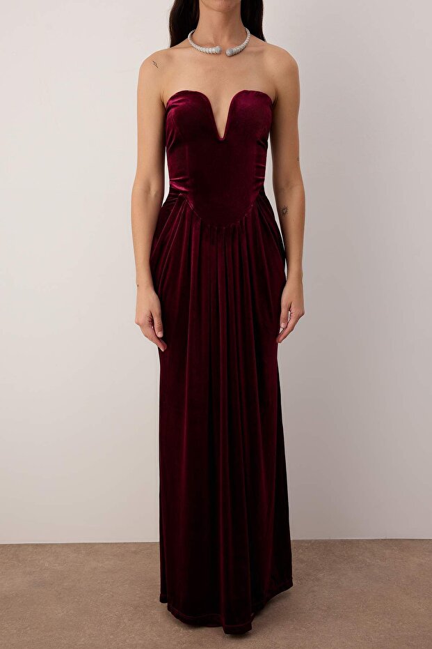 Bordo Kadife Kalp Yaka Maxi Abiye & Mezuniyet Elbisesi TPRAW26AE00006 - 3