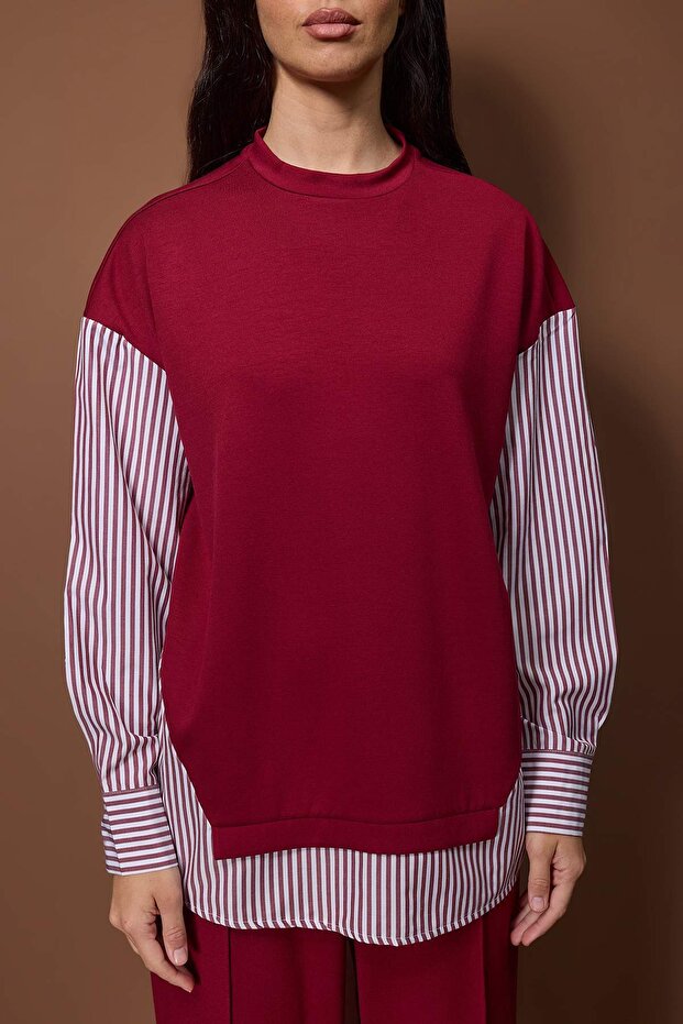 Bordo Çizgili Dokuma Kumaş Detaylı Örme Alt-Üst Takım TCTSS25US00042 - 3