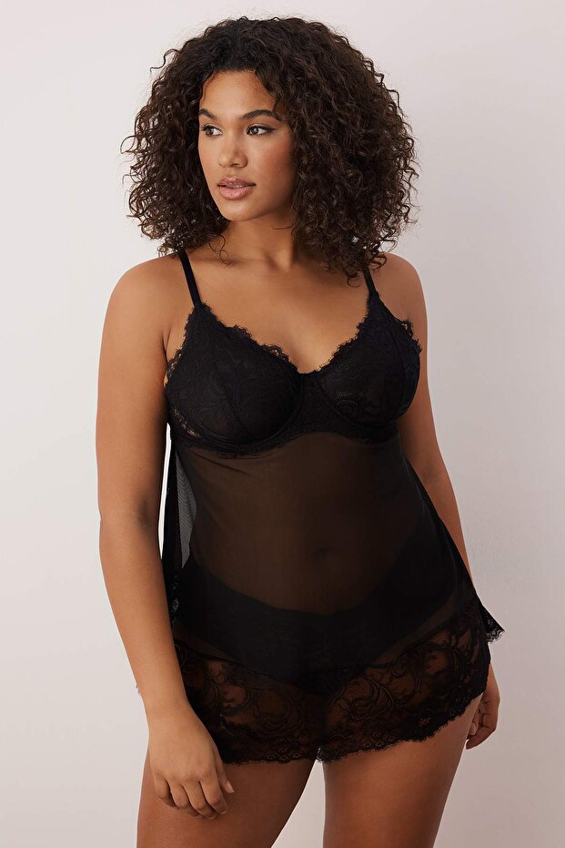 Siyah Kapsız Balenli Dantelli Büyük Beden Fantezi Babydoll TBBAW26DH00000 - 1