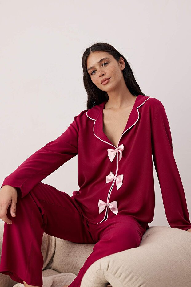 Vişne Kurdele/Fiyonk ve Biye Detaylı Viskon Dokuma Pijama Takımı THMAW25PT00032 - 2