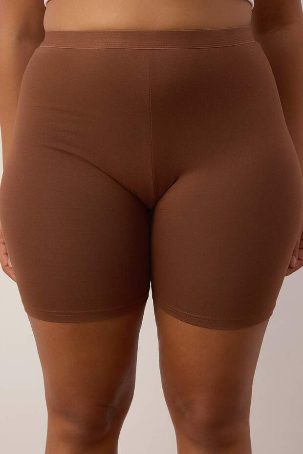 Kahverengi-Ten Kısa Boy Yüksek Bel Örme Büyük Beden Tayt TBBSS23BV00001 - 3