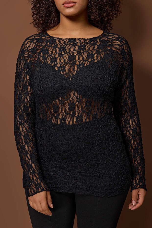 Yılbaşı Siyah Dantel Örme Büyük Beden Bluz TBBAW26AF00122 - 3