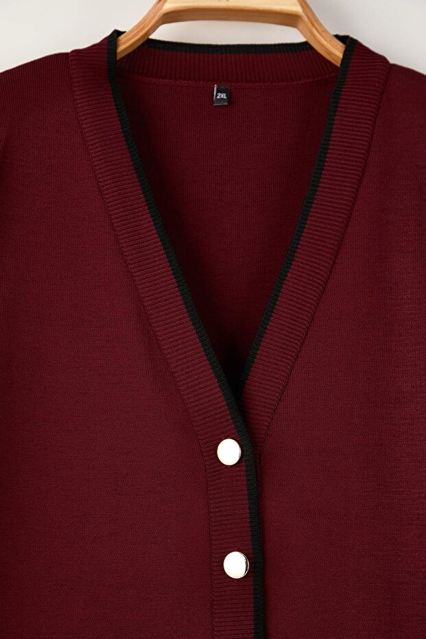 Bordo Düğme Detaylı Şeritli Triko Hırka TBBAW24AV00014 - 6