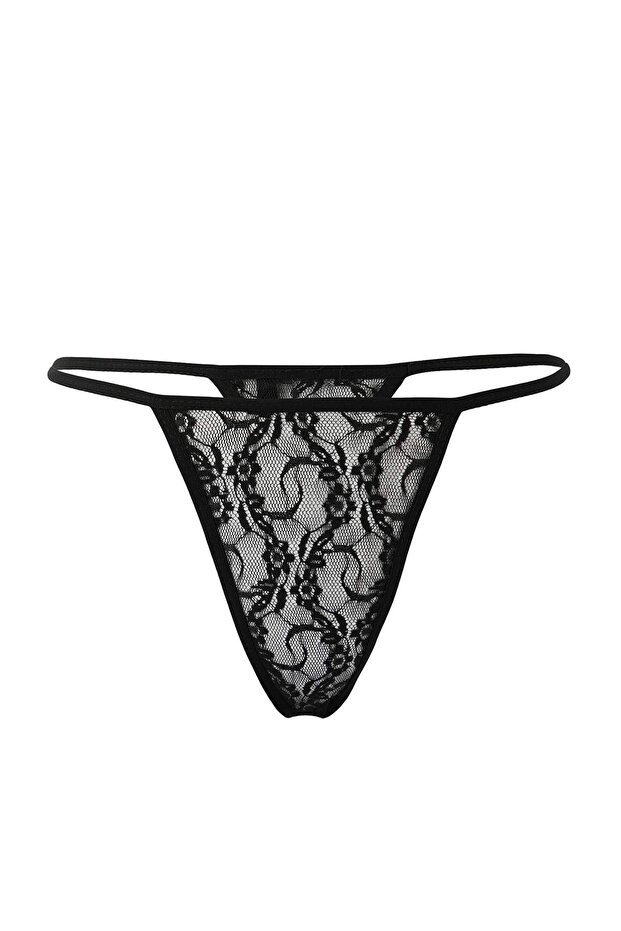 Siyah Bacak Bant ve Tül Detaylı Külotlu Dantel Kapsız Babydoll/Fantezi Gecelik THMAW26LL00022 - 7