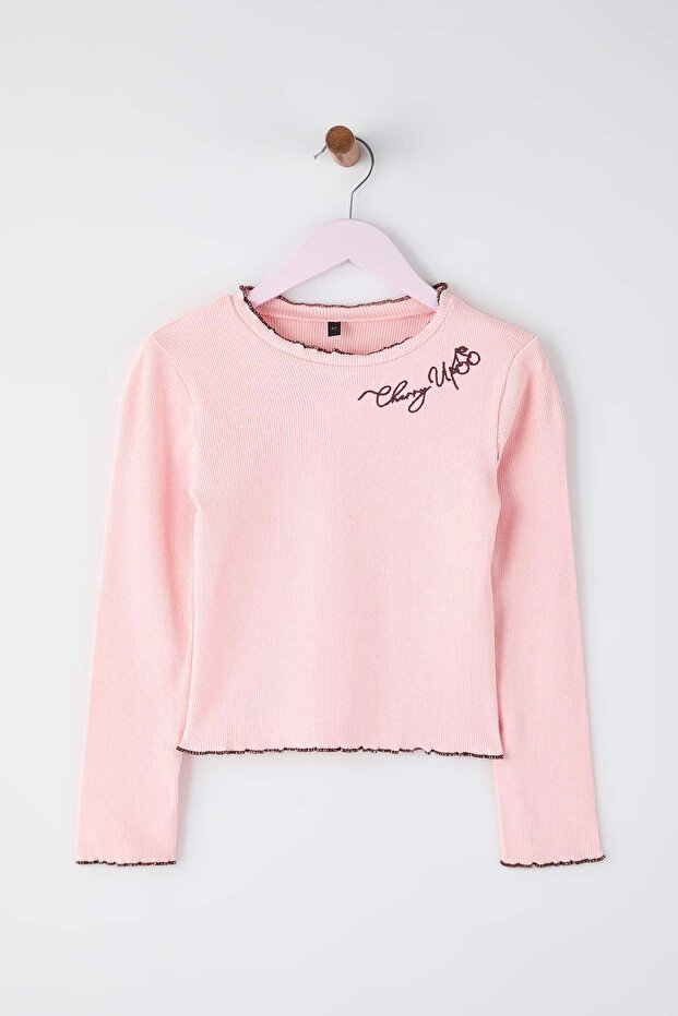 Pudra-Kahverengi Pamuklu 2'li Nakışlı Regular Fitilli Kız Çocuk Örme T-Shirt TKDAW26TS00011 - 5