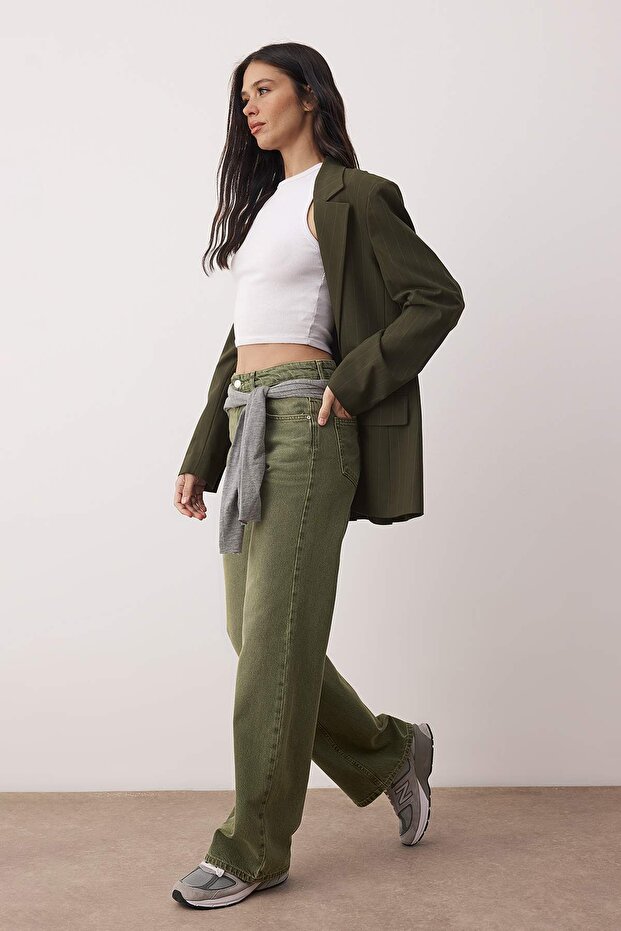 Açık Haki Yüksek Bel Vintage Yıkama Wide Leg Jeans TWOAW26JE00110 - 2