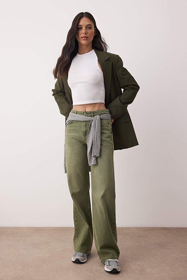 Açık Haki Yüksek Bel Vintage Yıkama Wide Leg Jeans TWOAW26JE00110 - 1