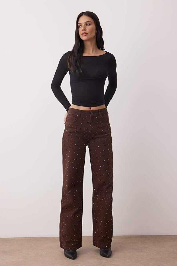 Kahverengi Taşlı Yüksek Bel Wide Leg Jeans TWOAW23JE00442 - 1