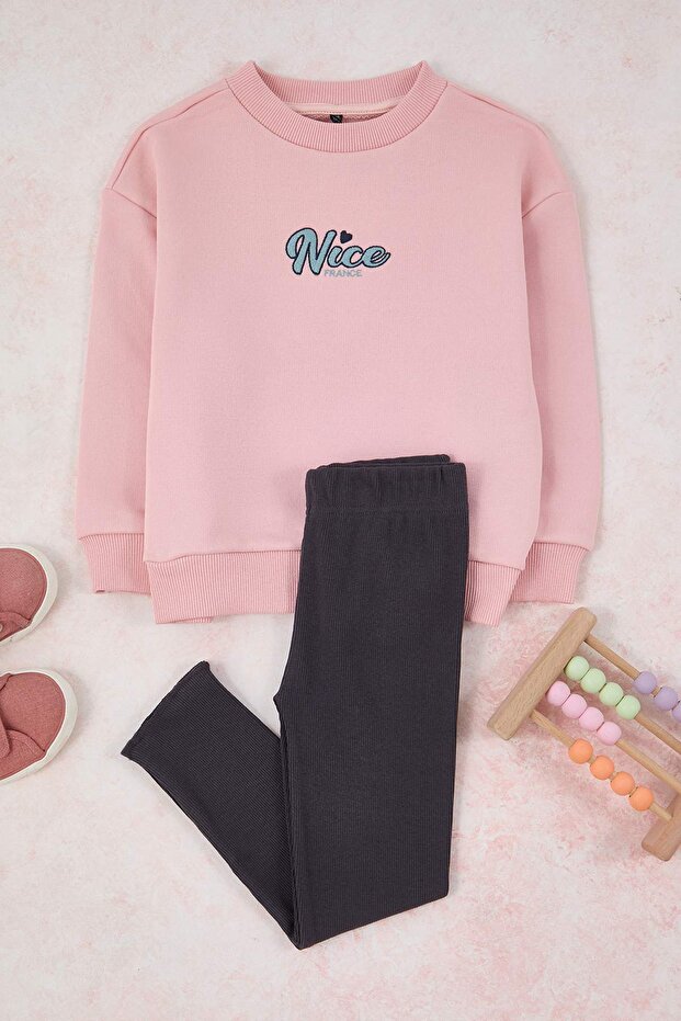 Pembe Kız Çocuk Pamuklu Baskılı Oversize Örme Alt - Üst Takım TKDAW26AU00023 - 2