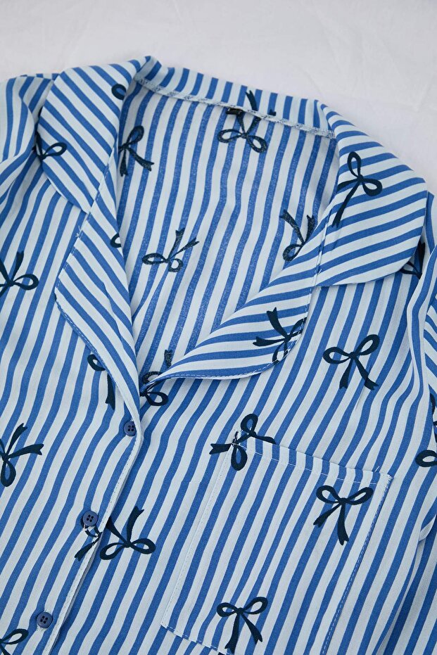Mavi-Çok Renkli Kalp Viskon Dokuma Pijama Takımı THMAW21PT0936 - 7