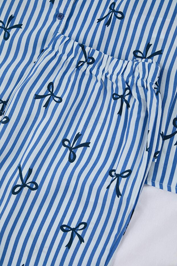 Mavi-Çok Renkli Kalp Viskon Dokuma Pijama Takımı THMAW21PT0936 - 6