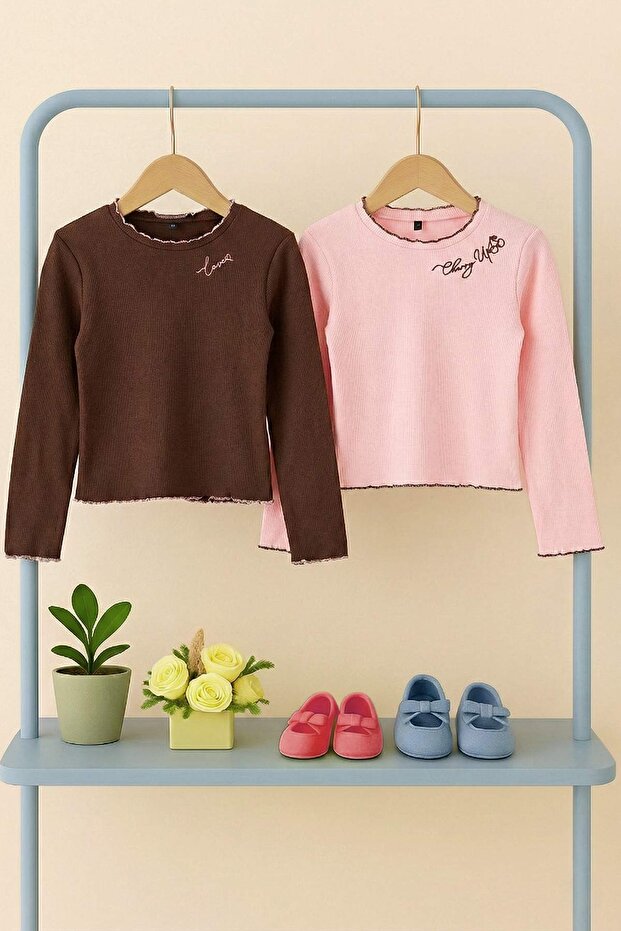 Pudra-Kahverengi Pamuklu 2'li Nakışlı Regular Fitilli Kız Çocuk Örme T-Shirt TKDAW26TS00011 - 2