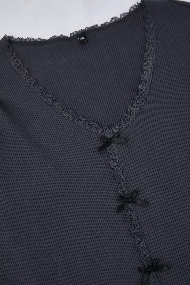 Antracytowy bawełniany komplet piżamy z koronką i kokardką/wstążką TBBAW26AI00021 - 4