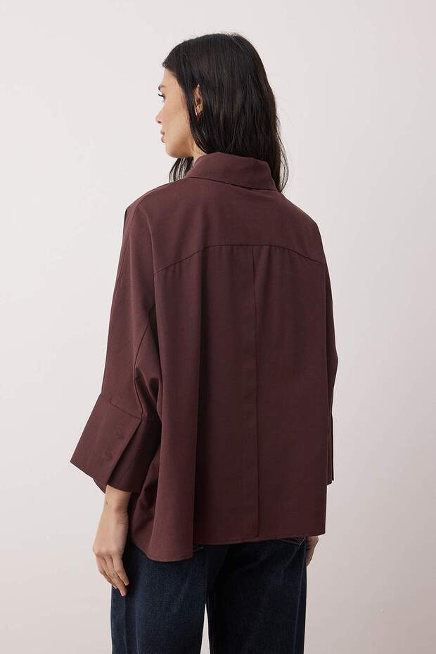 Mürdüm Geniş Manşetli Oversize Dokuma Gömlek TWOAW26GO00130 - 4
