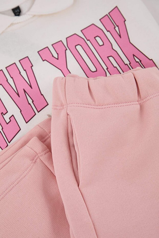 Pembe Pamuklu Kız Çocuk Slogan Baskılı Polo Yaka Oversize Örme Alt - Üst Takım TKDAW26AU00002 - 4