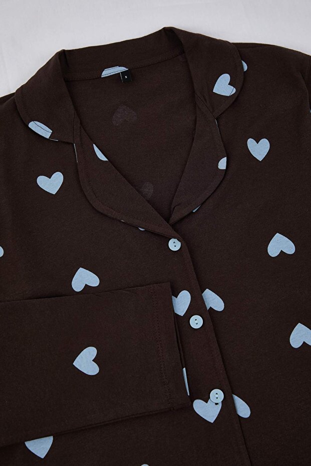 Kahverengi-Mavi %100 Pamuklu Kalp Desenli Örme Pijama Takımı THMAW21PT0548 - 7