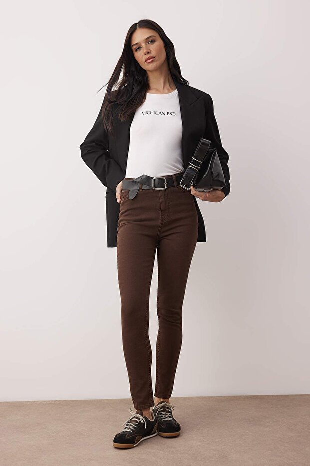Kahverengi Yüksek Bel Esnek Skinny Jeans TWOAW24JE00068 - 1