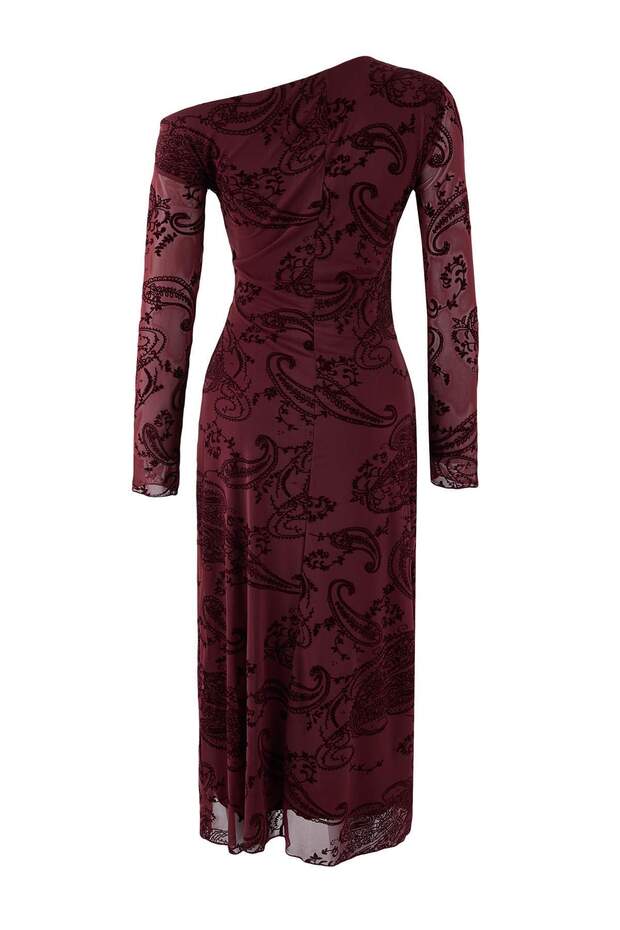 Bordo Flok Baskılı Düşük Kol Bodycon/Vücuda Oturan Flok Tül Midi Örme Elbise TWOAW26EL00362 - 6