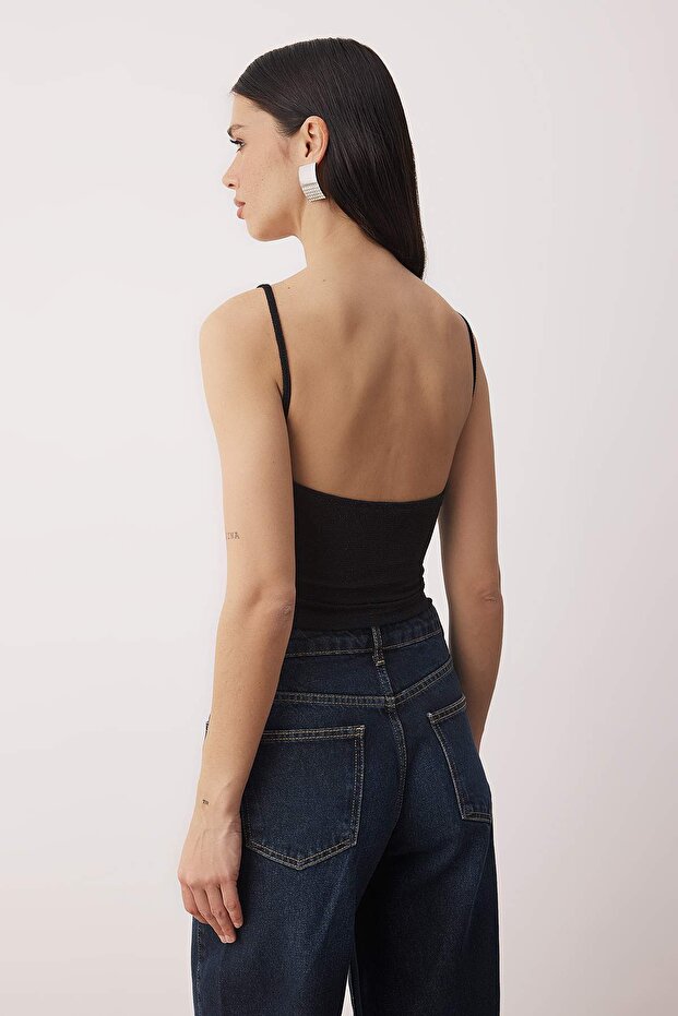Siyah Parıltılı Degaje Yaka Örme Party Bluz TPRAW26BZ00060 - 4
