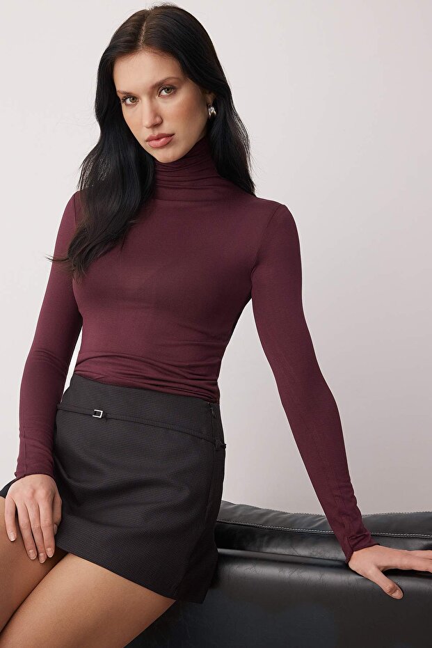 Mürdüm Transparan Dik Yaka Esnek Normal Boy Örme Bluz TWOAW26BZ00266 - 1