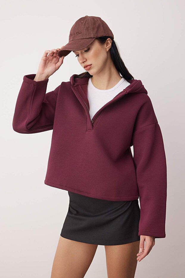 Mürdüm Kalın İçi Polarlı Yarım Pat Fermuarlı Oversize Kapüşonlu Örme Sweatshirt TWOAW26SW00060 - 1
