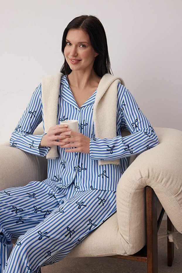 Mavi-Çok Renkli Kalp Viskon Dokuma Pijama Takımı THMAW21PT0936 - 1