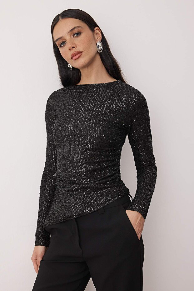 Siyah Kayık Yaka Örme Party Bluz TPRAW26BZ00067 - 2