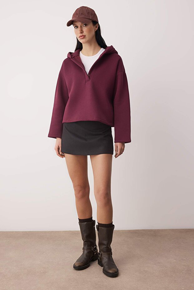 Mürdüm Kalın İçi Polarlı Yarım Pat Fermuarlı Oversize Kapüşonlu Örme Sweatshirt TWOAW26SW00060 - 2