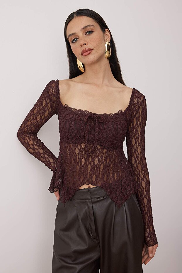 Bordo Kare Yaka Astarsız Dantel Party Bluz TPRAW26BZ00070 - 1