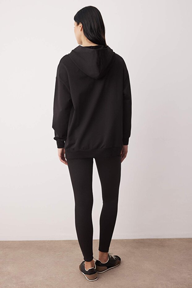 Siyah 3'lü Oversize/Geniş Kalıp Kapüşonlu Taytlı Örme Alt - Üst Takım TWOAW26AU00151 - 6