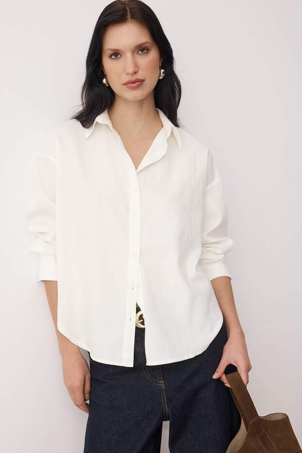 Beyaz Oxford Geniş/Oversize Kalıp Gömlek TWOAW26GO00121 - 2