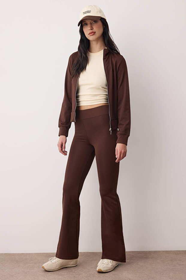 Koyu Kahverengi Reglan Kol Relaxed Üst Flare/ispanyol Paça Esnek Örme Alt-Üst Takım TWOAW26AU00039 - 2