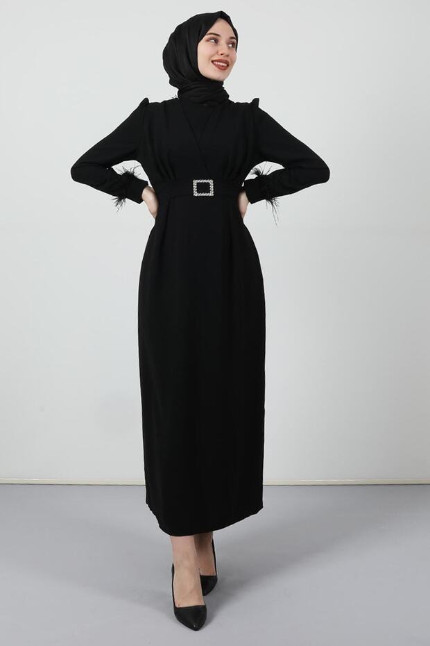 Feather Detail Hijab Dress Black
