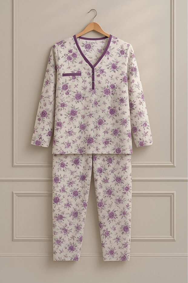 Women Mother Long Sleeve Purple Floral Pattern Cotton Combed Pajamas Set