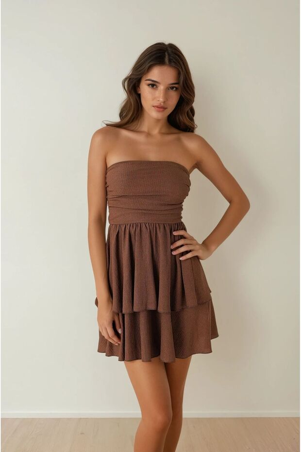 Women's Textured Fabric Skirt Double Layer Drape Detail Strapless Dress