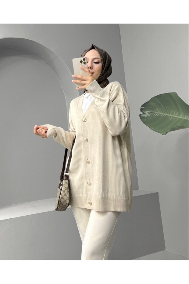 Düğmeli Fitilli Triko Hırka  -Krem - 5