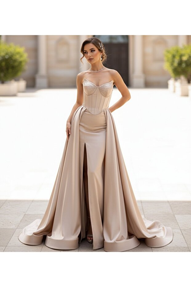 Champagne Color Strapless Stone Detailed Bodice Slit Train Satin Evening Dress