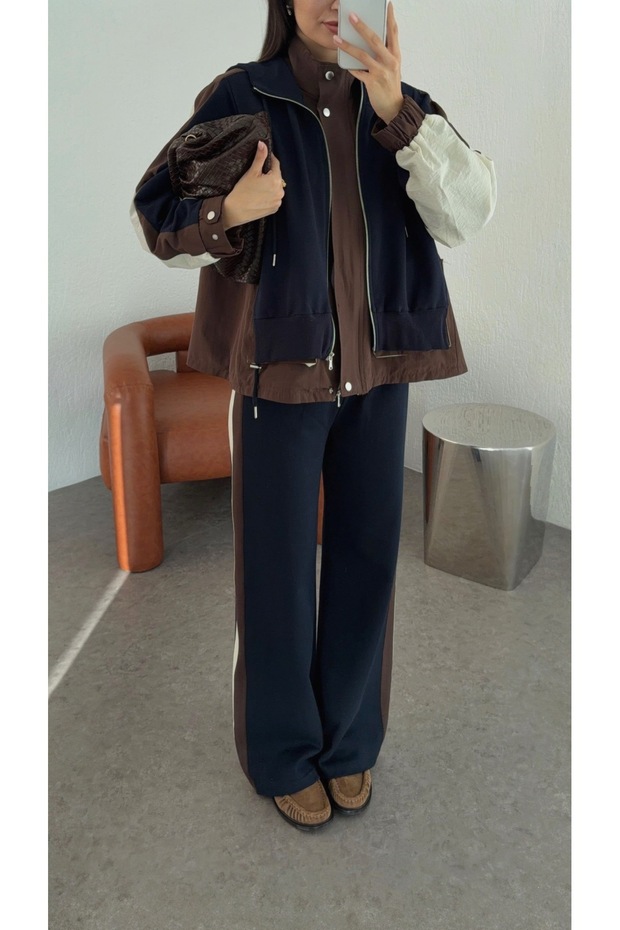 Women's Navy Blue and Brown Color Block Hood Detail Tracksuit Set