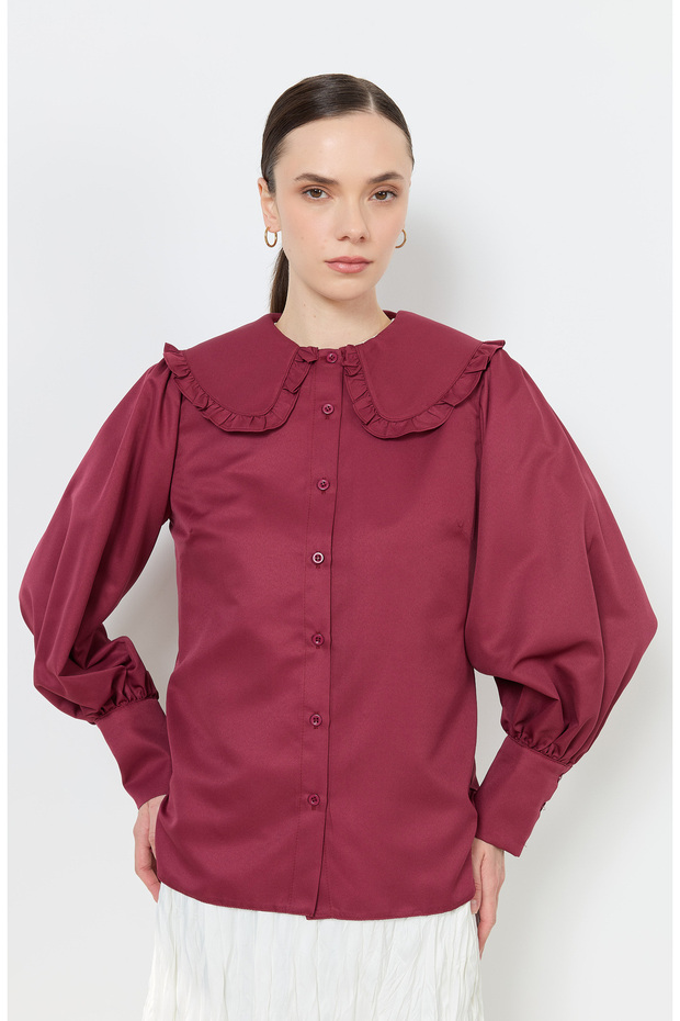 Fırfır Yaka Bordo Basic Gömlek - 1