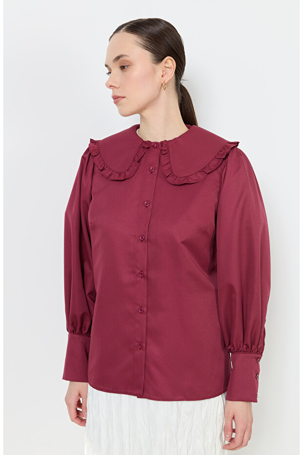 Fırfır Yaka Bordo Basic Gömlek - 3