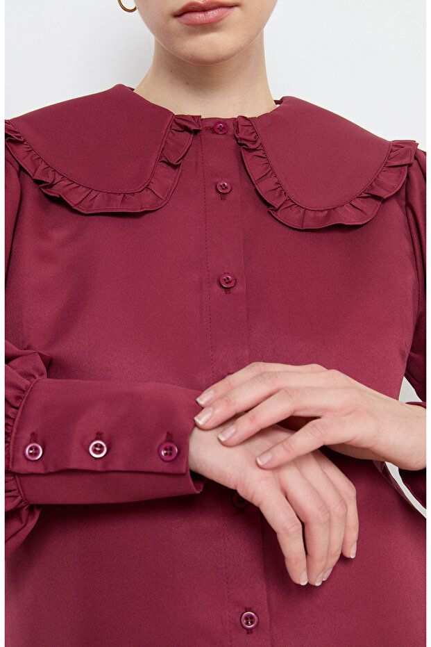 Fırfır Yaka Bordo Basic Gömlek - 4