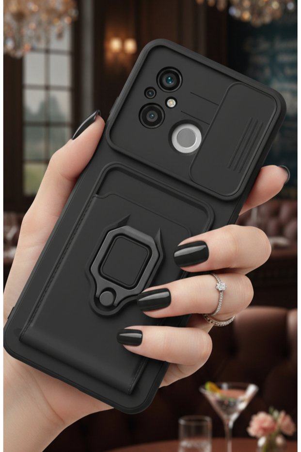 Xiaomi Redmi 12C Case Camera Protection Sliding Business Card Holder Stand Drawstring Colorful Cover