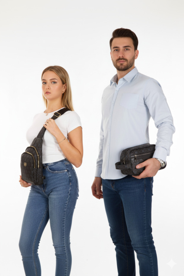 Vegan Leather Trendy Patterned Black Men's Handbag and Women's Cross Shoulder Chest Bag Set Gift Set