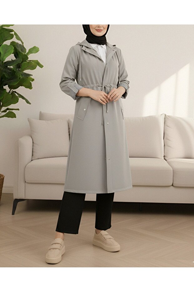 رمادي مخطط بطانة خندق معطف - 1