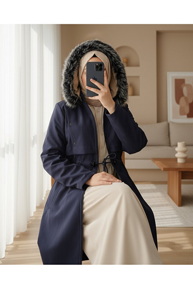 Metal Star Detailed Hooded Long Coat - Dark