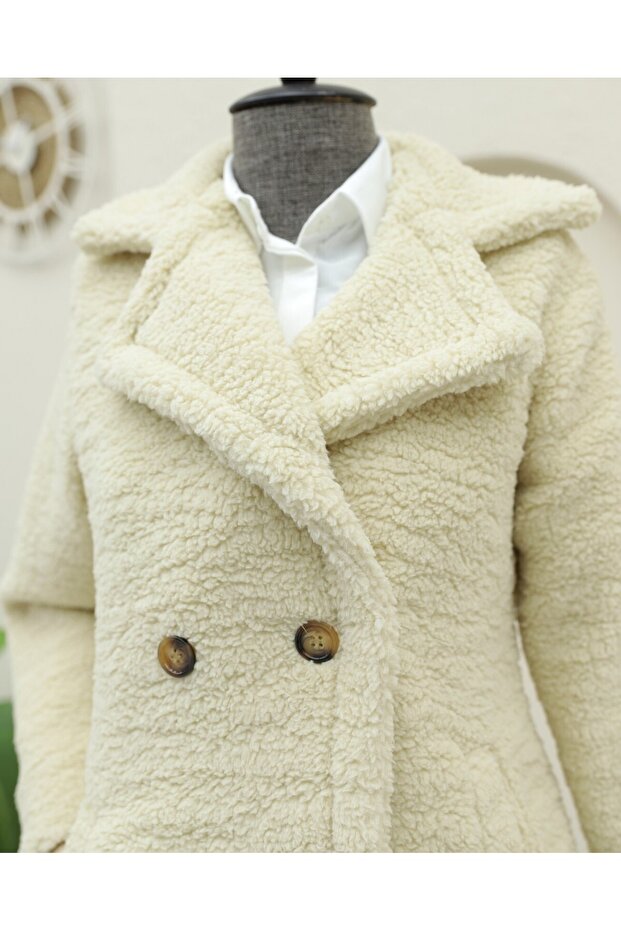 معطف قطيفة بجيب جانبي مبطن بأزرار مزدوجة - فاتح المنك - 5