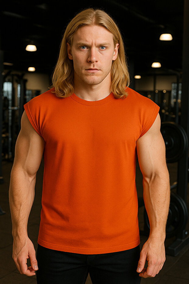 Men's Orange Oversize Crew Neck Cotton Sleeveless T-Shirt/Atlet