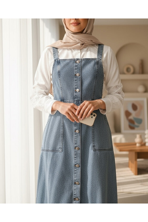 Ice Blue Denim Salopet - Neck Button and Double Pocket