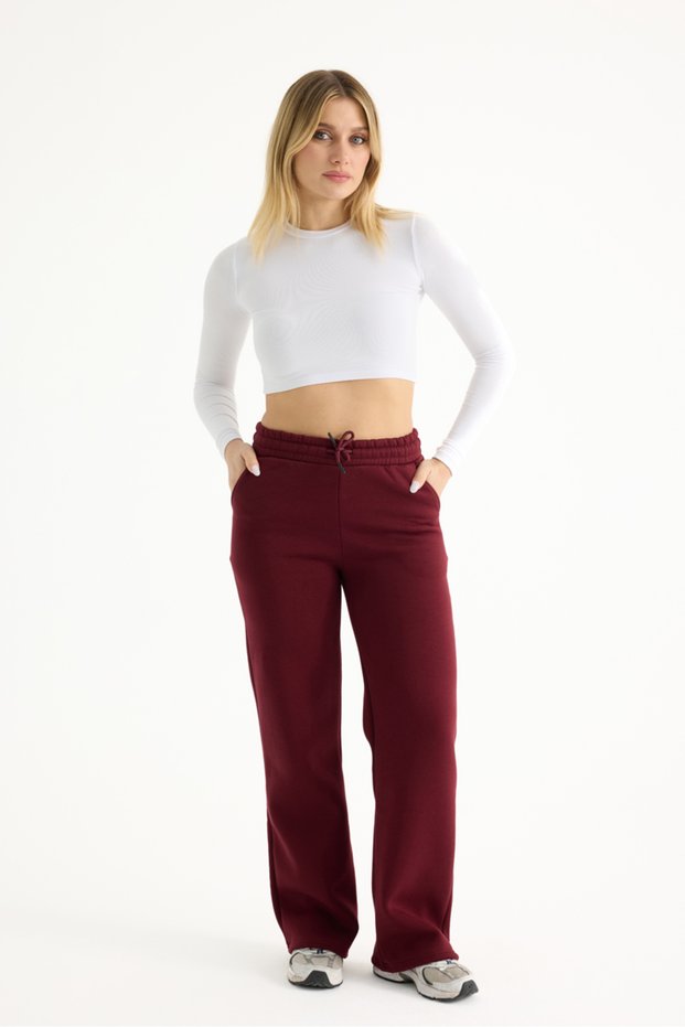 Women's Burgundy High Waist Thick Winter 3 Thread Fleece Inside Wide Leg Sweatpants