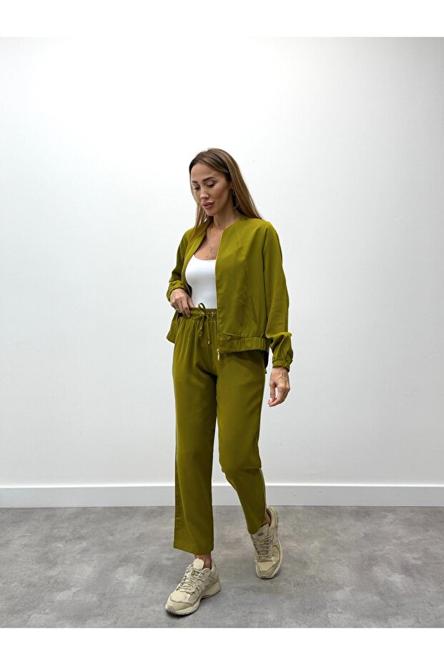 Women's Zippered Jacket Pants Top and Bottom Fat Green Set
